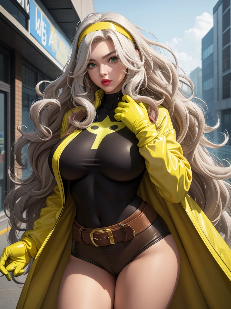 good anatomy, masterpiece, Best quality, hips, depth of field, a high resolution, high quality, 1 girl,
cartoon_X_Human_scoundrel,own waifu,
long hair,breast,brown hair,green eyes,lipstick,draw up,lips,white hair,two-tone hair,headband,wavy hair,large breast,messy hair,curly hair,big_hair,
yellow Body,Jacket,gloves,belt,yellow gloves,green Body,Body,multicolored Body,superhero, the skin is thick,Multi-colored clothes,