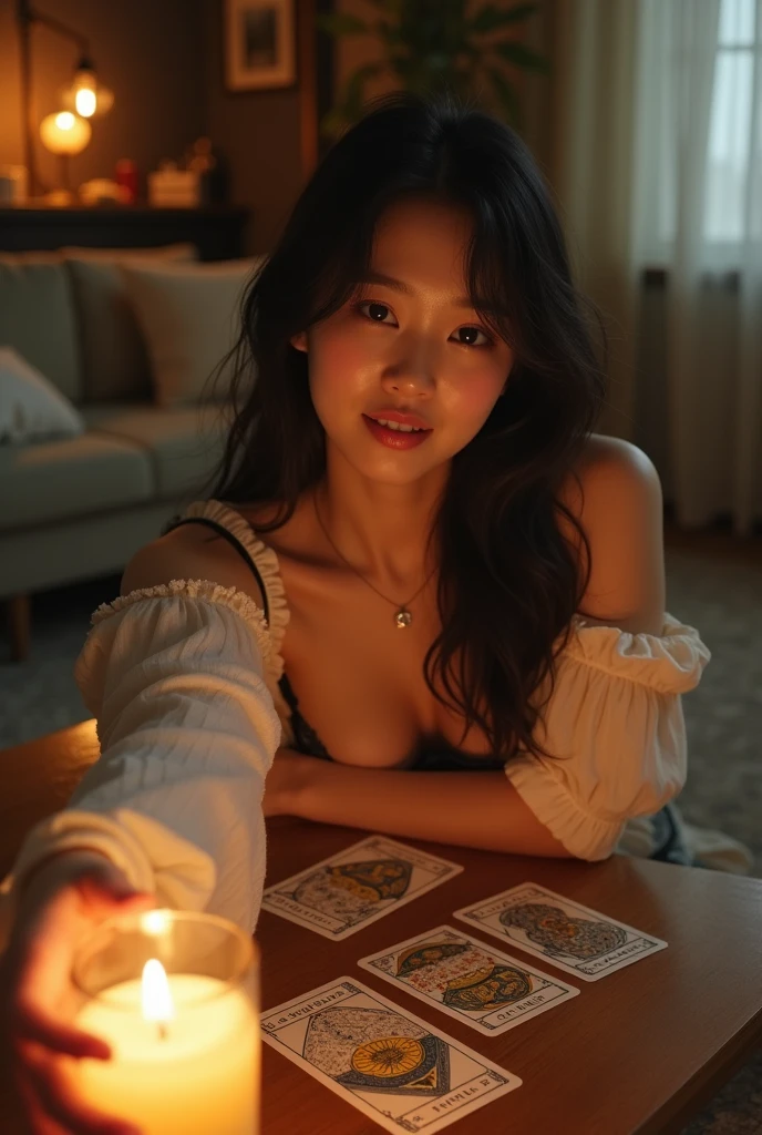 Young Japan woman with fair skin。Smiling。Sexy chest。Selfie style。Tarot cards laid out on a table。Soft lighting in living room。