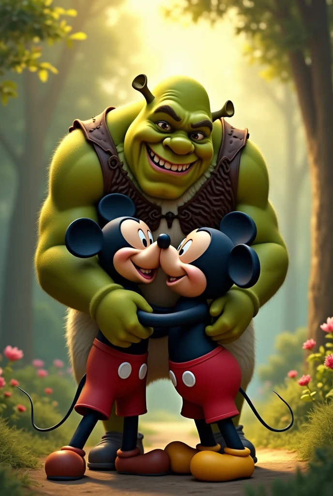 Mickey mouse and shrek kissing