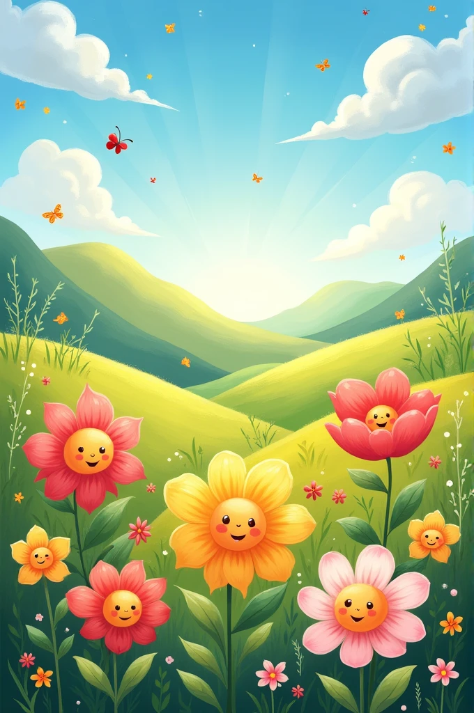 Generate a poem for kindergarten on flowers with a beautiful heart and cute pictures background 