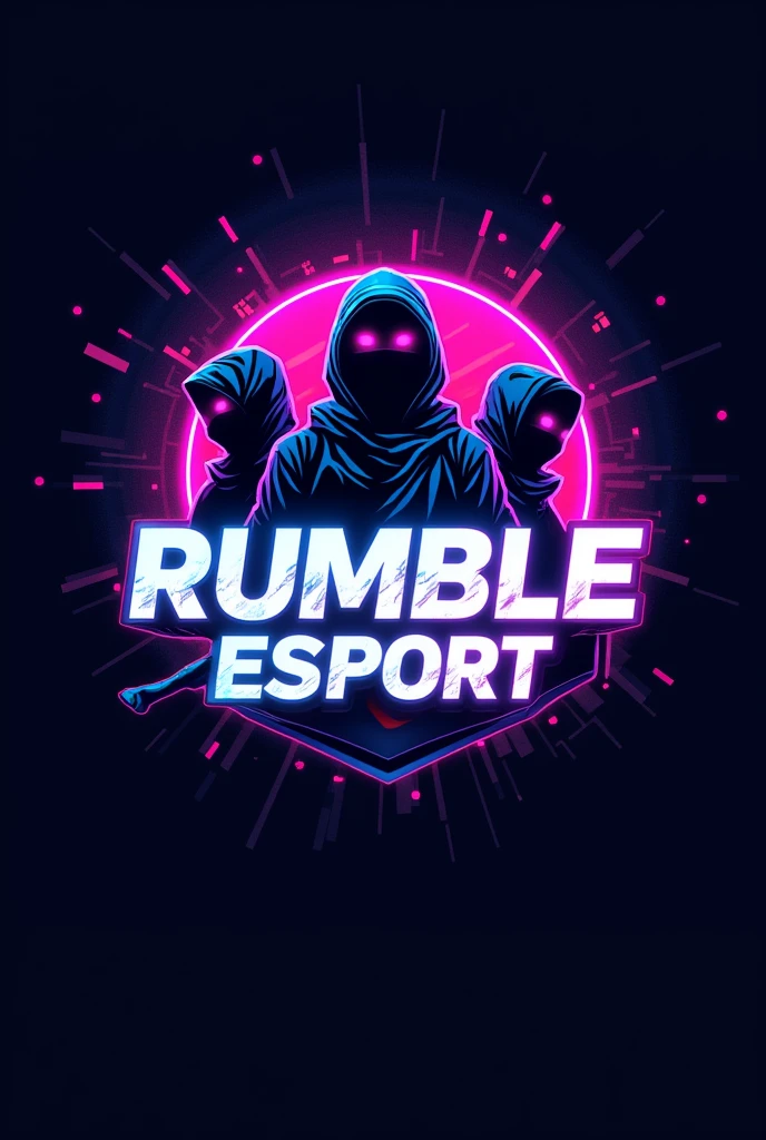 - **Text**: The word "RUMBLE Esport" in a futuristic, tech-inspired font.
- **Color Scheme**: 
  - **Neon Colors**: Use bright blues, purples, and pinks against a dark background to evoke a dragon shadow feel.
- **Style Elements**: 
  - **Ninja**: Incorporate a silhouette of a skyline or circuit patterns behind or integrated into the text.
  - **Lighting Effects**: Add glowing effects to the text and Ninjascape to enhance the cyber aesthetic.