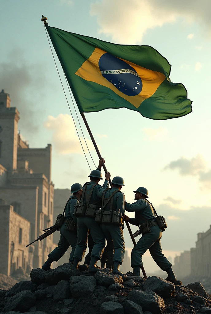 Brazilian army in World War II raising the Brazilian flag