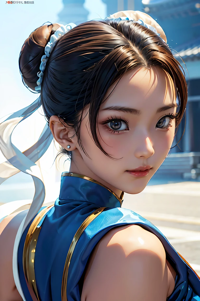 Chun-Li from Street Fight II,The perfect Chun Li outfit,Blue cheongsam with gold lines,Bun head,Covers well,Fighting posture,Masterpiece、1 beautiful girl、good eyes、Bags under the eyes、Highest quality, 超high resolution, (reality: 1.4), movie light、Japan、Asian beauty、Korea、It's so beautiful.、Beautiful skin、body facing forward、close to face、(超reality的な)、(high resolution)、(8ก)、(very detailed)、(美しくgood eyes)、(Superb details)、 (wall-)、detailed face、bright light、professional lighting、looking at the audience、looking straight ahead、Slim and slender、Nogizaka Idol、ไอดอลKorea、Masterpiece, Highest quality, Masterpiece, Highest quality, perfect face, Perfect brown eyes with sclera., bad moves-5, alone, 1 woman, upper body, brown hair, From SF2, Chinese service, smile, muscular woman, blue clothes, tights, Pelvic curtain, puffy short sleeves, Covers well, sash, appraisal:safety