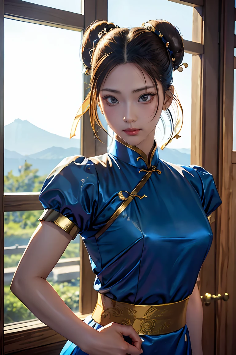 Chun-Li from Street Fight II,The perfect Chun Li outfit,Blue cheongsam with gold lines,Bun head,Covers well,Fighting posture,Masterpiece、1 beautiful girl、good eyes、Bags under the eyes、Highest quality, 超high resolution, (reality: 1.4), movie light、Japan、Asian beauty、Korea、It's so beautiful.、Beautiful skin、body facing forward、close to face、(超reality的な)、(high resolution)、(8ก)、(very detailed)、(美しくgood eyes)、(Superb details)、 (wall-)、detailed face、bright light、professional lighting、looking at the audience、looking straight ahead、Slim and slender、Nogizaka Idol、ไอดอลKorea、Masterpiece, Highest quality, Masterpiece, Highest quality, perfect face, Perfect brown eyes with sclera., bad moves-5, alone, 1 woman, upper body, brown hair, From SF2, Chinese service, smile, muscular woman, blue clothes, tights, Pelvic curtain, puffy short sleeves, Covers well, sash, appraisal:safety