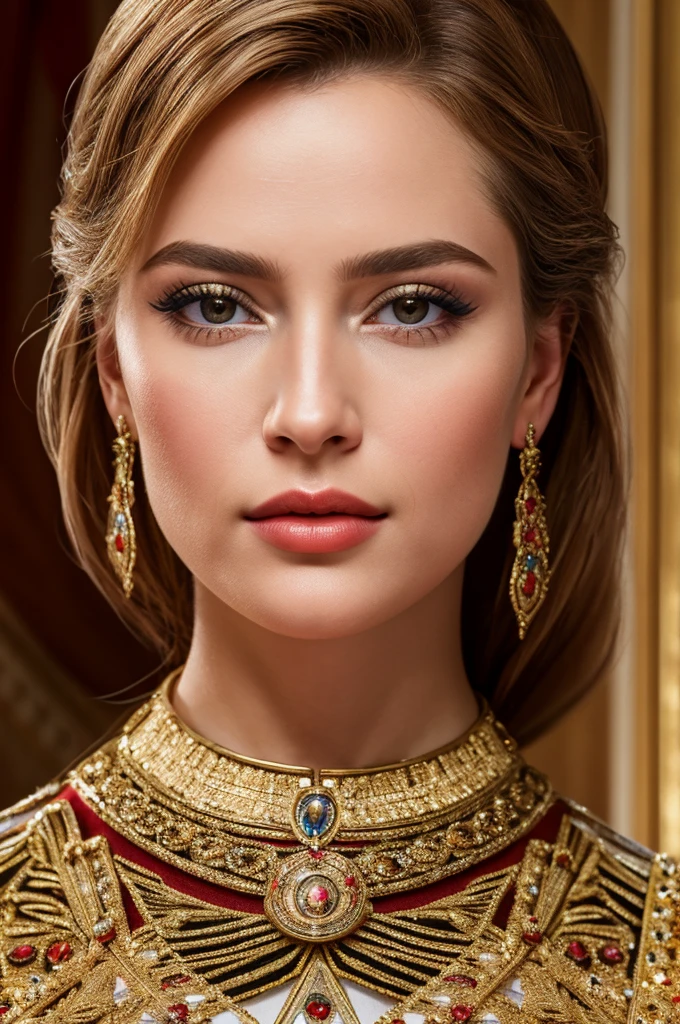 award-winning professional and realistic photo of future Empress of Europe, supreme beauty, genetic perfection, EU propaganda, EU iconography, incredibly gorgeous outfit, detailed textures, sharp focus, ultra-high pixel detail, 16k RAW footage, masterpiece