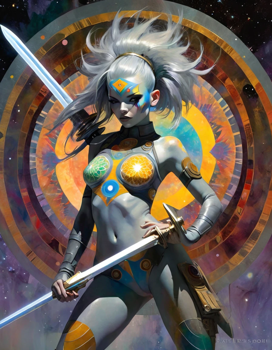 10:34:55
1girl, alone, MANdALA fractal grey body paint, sexy, 15yo multicolor hair galactic soldier girl holding a galactic mandala grey sword with both hands, mandala helmet and ready to attack agresively, ZZZ, ZENLESSZONEZERO, art inspired by Bill Sienkiewicz and Dave McKean