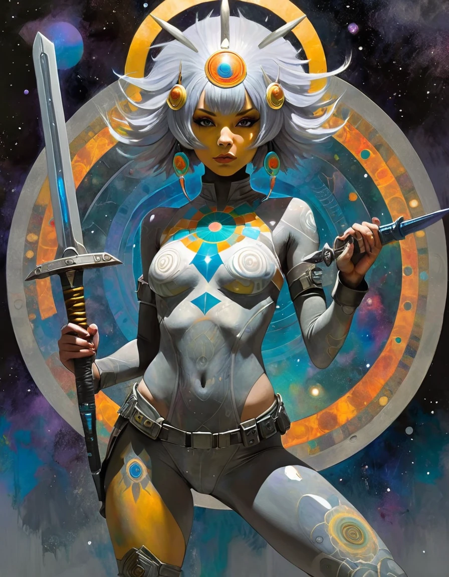 10:34:55
1girl, alone, MANdALA fractal grey body paint, sexy, 15yo multicolor hair galactic soldier girl holding a galactic mandala grey sword with both hands, mandala helmet and ready to attack agresively, ZZZ, ZENLESSZONEZERO, art inspired by Bill Sienkiewicz and Dave McKean