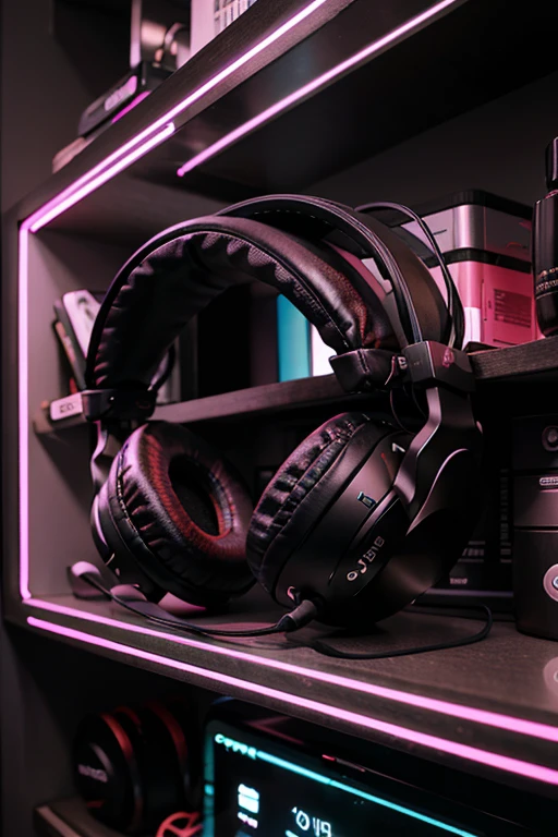 Lots of music headphones placed on a neon shelf