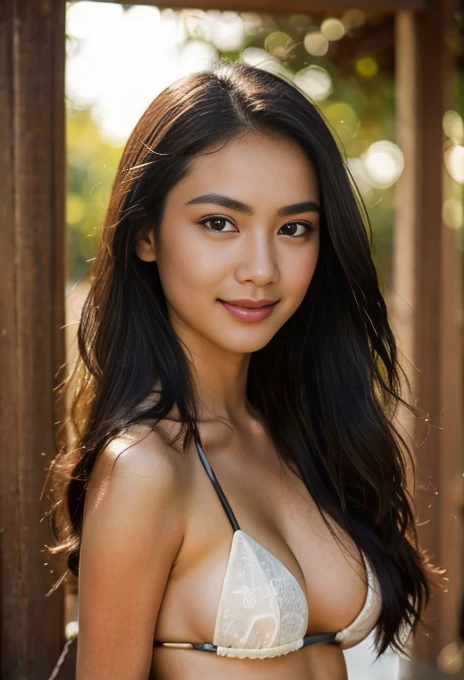 girl 2, (masterpiece), Indonesian skin tone, show her nipples, big breast, best quality, expressive eyes, perfect face, (ultra realistic), (nude body), Smile, Long Black Hair, innocent face, natural wavy hair, brown eyes, High resolution, masterpiece, Best quality, intricate high detail, highly detailed, focus sharp focus, detailed skin, realistic skin texture, texture, detailed eyes, professional, 4K, charming smile, filmed on Canon, 85 mm, shallow depth of field, Kodak Vision Color, perfect sexy body, show nipples, Extremely detailed, photograph_\(ultra\ ), photoreallistic, Realstic, Post-processing, Maximum details, roughness, real life, ultra realist, photorealism, photography, 8K UHD, photography, NSFW, Nude,