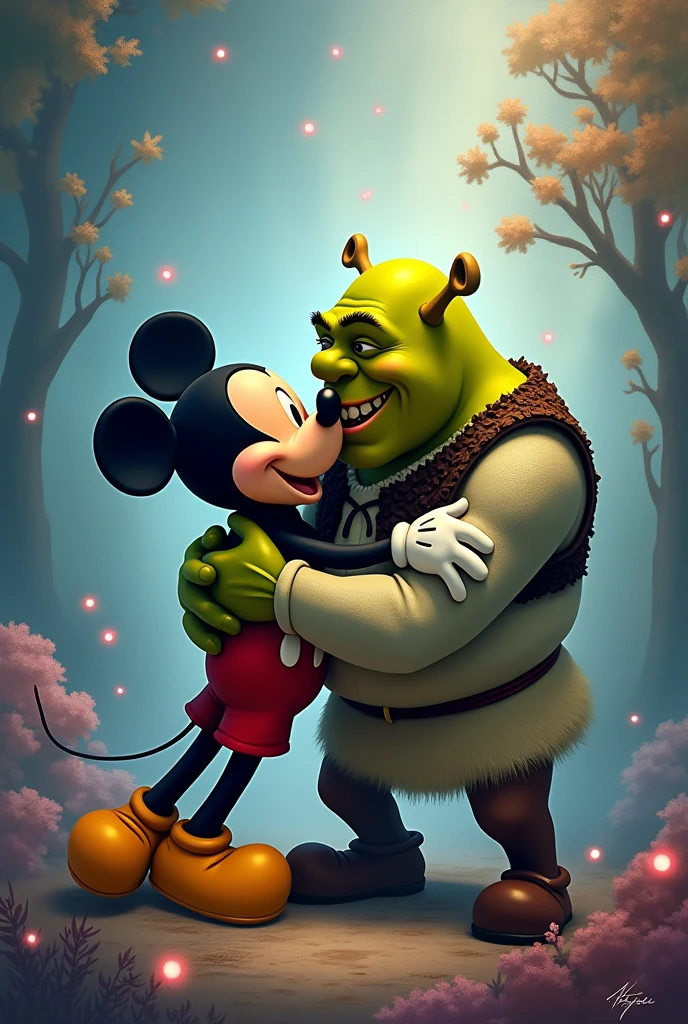 Mickey mouse and shrek kissing each other
