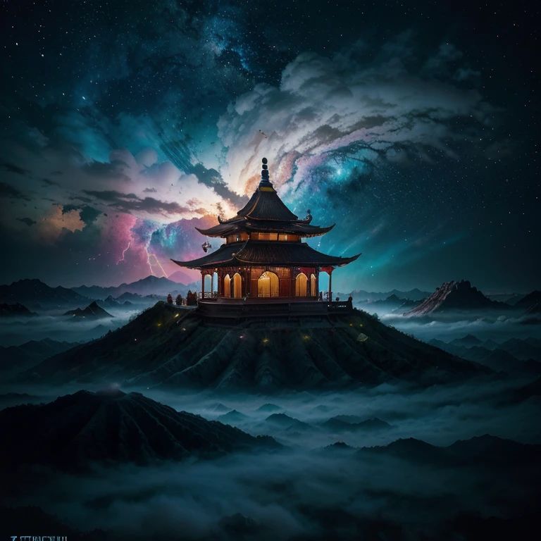 a surreal abstract landscape, nebula, cosmic background, glowing stars, colorful swirling clouds, digital art, 8k, highly detailed, photorealistic, cinematic lighting, dramatic lighting, vibrant colors, otherworldly, mysterious, awe-inspiring, add the silhouette of the Rumah gadang minang traditional house, close up