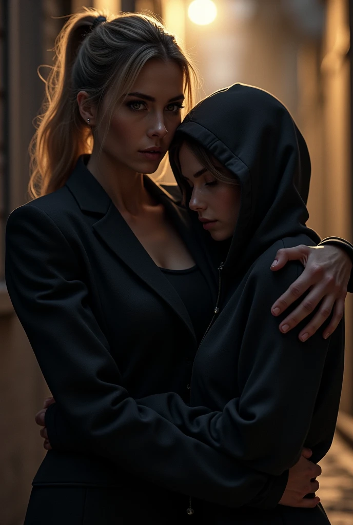 A masc woman is hugging a woman in the black hoodie