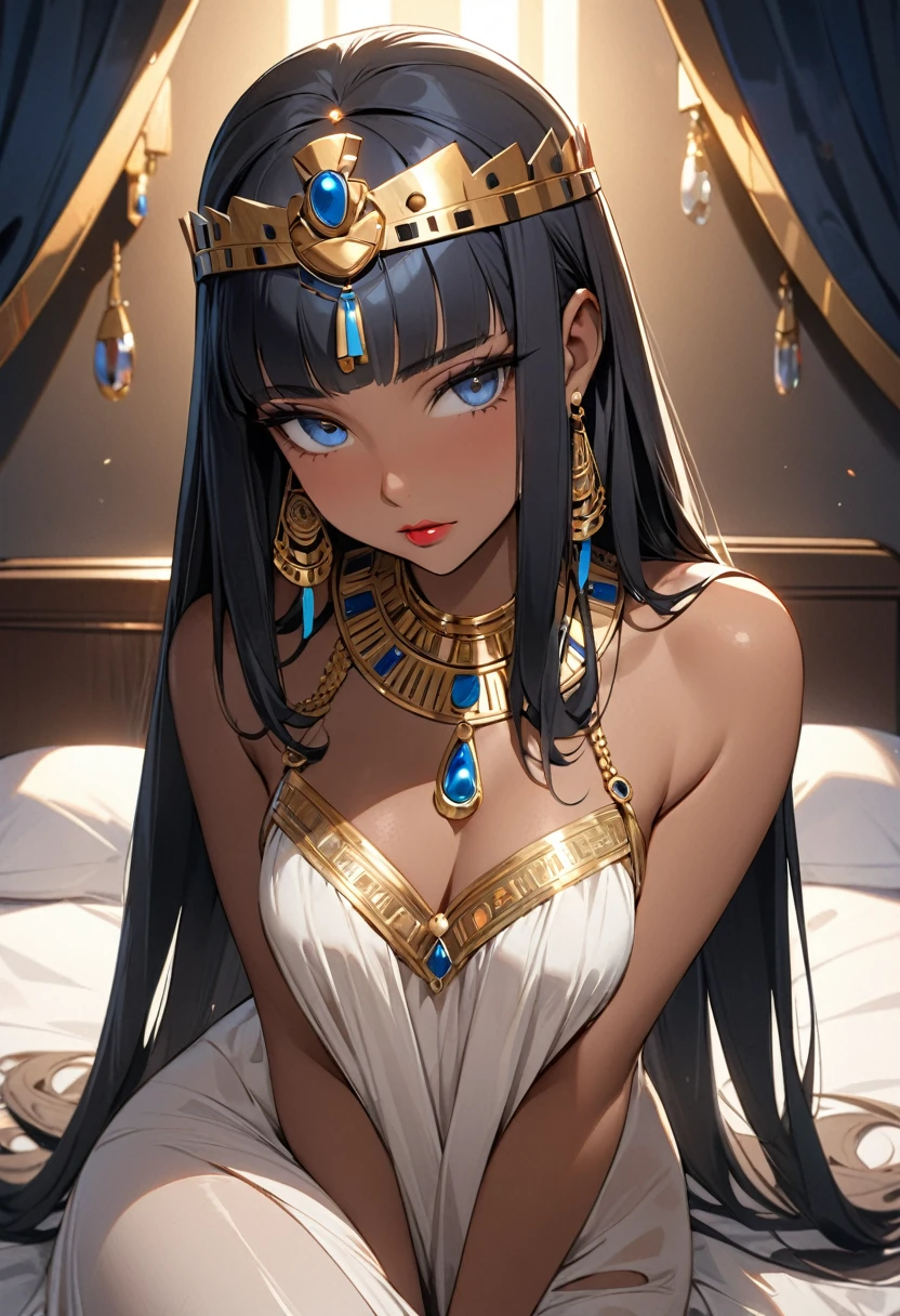 ((best quality)), ((masterpiece)), (Detailed face and eyes), Perfect face, precise, Textured Skin, High Detail, high resolution, Cleopatra, Queen, Wearing a silk dress, Gemstone crown, Lipstick, , Tanned skin, Bronze skin, Sit on the bedroom bed, Half Body