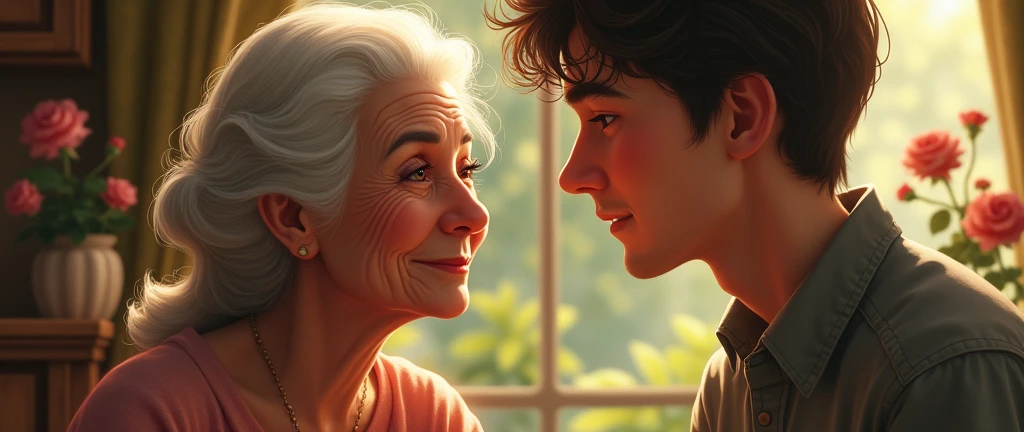 A grandmother and a young man in a romantic situation
