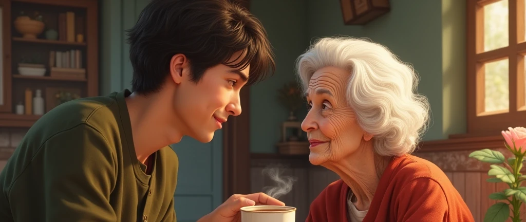 A grandmother and a young man in a romantic situation  