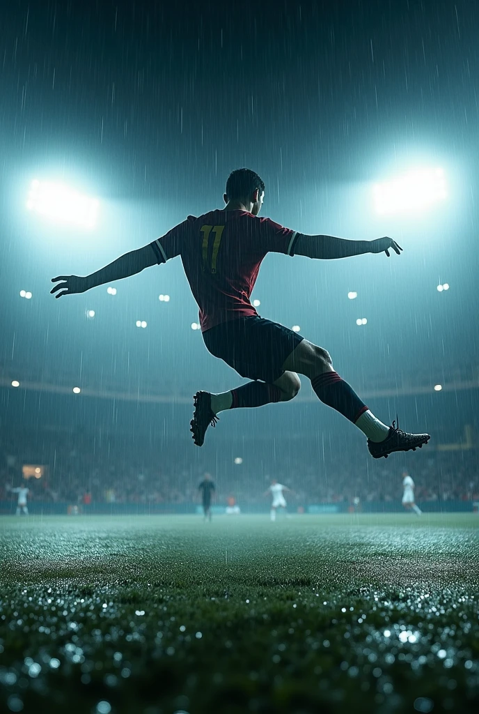 Cristiano Ronaldo scoring a bicycle kick in the rain with lights and LEDs, at night ((real-life)) ((lights)) ((grams of leaves))
