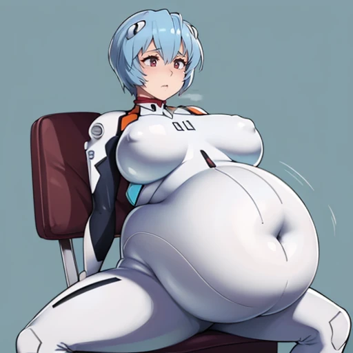 art by kipteitei, 1girl, light blue hair, rei ayanami from the anime evangelion, big plump belly, huge belly, ((white plug suit, white plug suit covers stomach)), blushing, nerv hq background, sitting in chair, grabbing her own belly, moaning, panting, visible breath, ((large growing stout and plump belly))