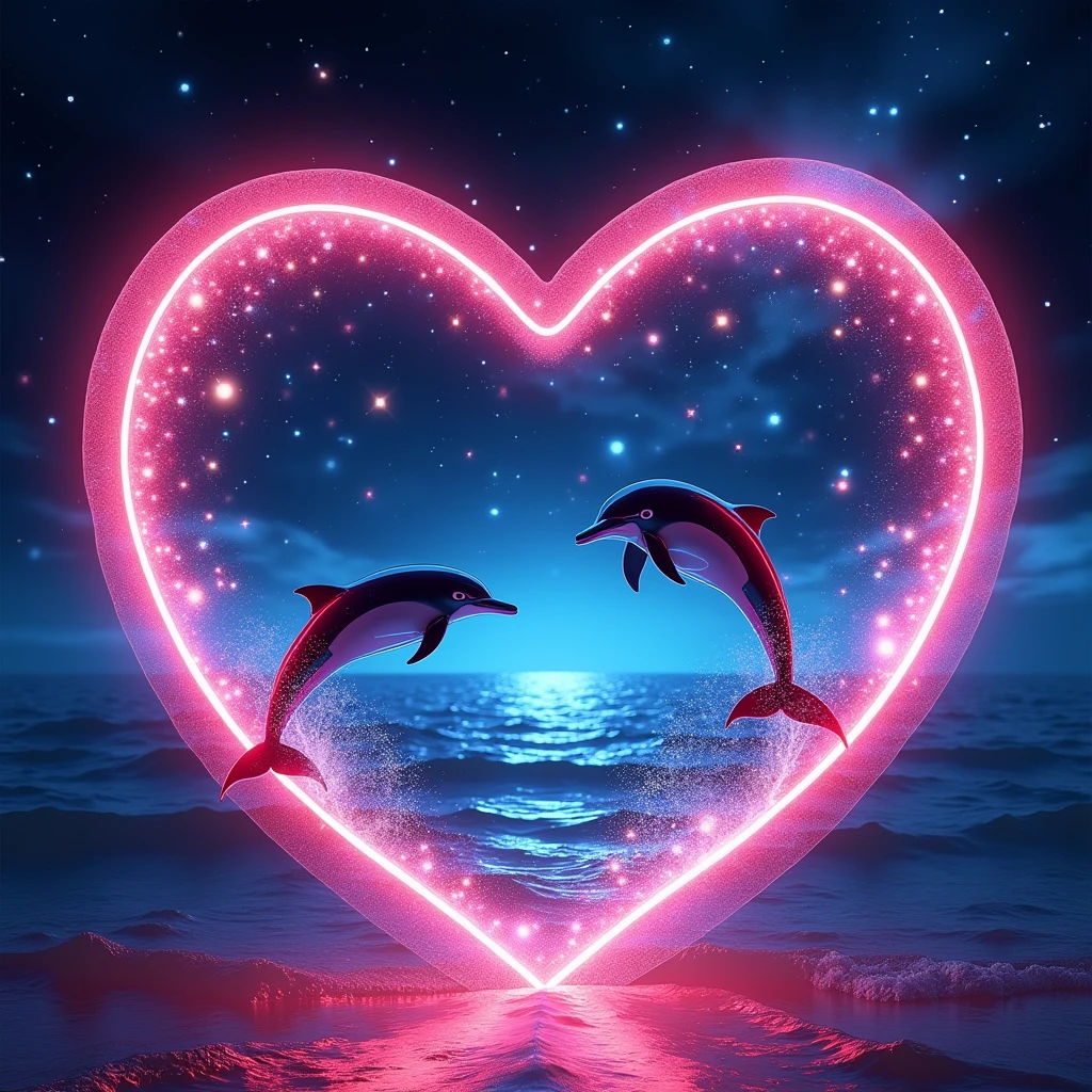 A sparkling open heart object、romantic、photograph、panorama、Neon color、Bright colors、Ultra-high resolution、
Inside the open heart is a picture of the ocean、Countless stars in the background、The overall image is dark, but the heart-shaped object shines brightly.、
A sky studded with stars、Dolphins jumping in the sea、The water surface reflects accurately、The stars are realistic and lively、Dolphins are wet and vivid、Water droplets and water are transparent。The heart frame shines in neon colors.、Three-dimensional heart、The dolphins are also glossy and realistic.、The starry sky is twinkling、The sea is blue and beautiful、the sky is black、Stars Shining、