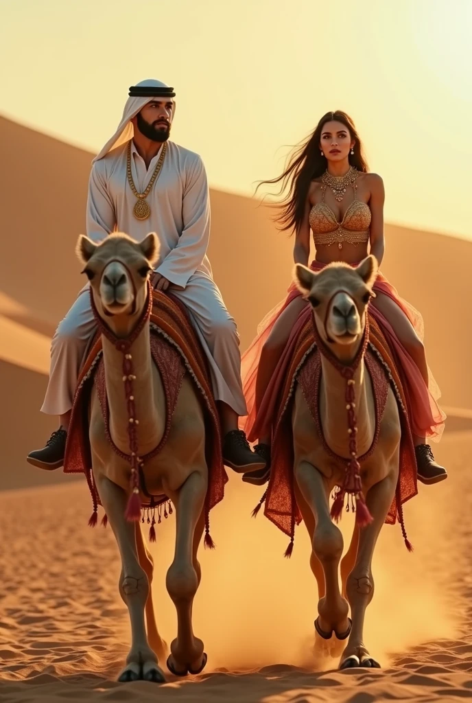 A young man and woman riding camels, man wearing beautiful white muslim clothing, woman wearing belly dancer outfit with jewelry, detailed facial features, intricate jewelry and clothing textures, dramatic lighting casting long shadows, desert landscape with towering sand dunes, warm golden tones, cinematic composition, (best quality,4k,8k,highres,masterpiece:1.2),ultra-detailed,(realistic,photorealistic,photo-realistic:1.37)
