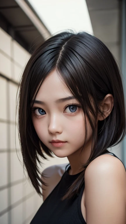 a girl who has short, beautiful shoulder-length hair and eyes that have the impression of a sharp gaze and has a cheeky and indifferent facial gesture