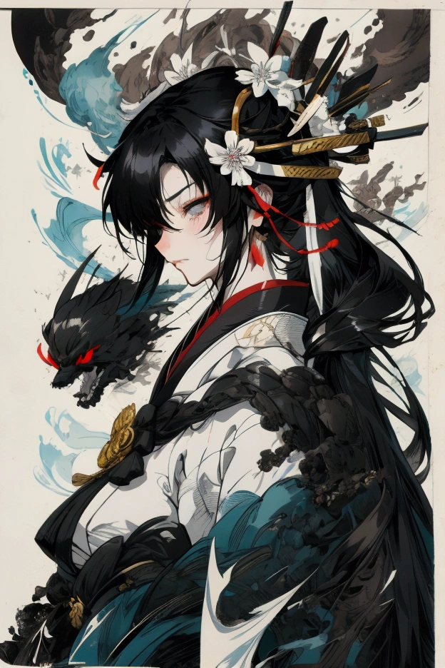 Character Design Character Reference Sheet Concept Character black and white manga style Taisho Romance action Japanese sword man Women samurai delicate whole body