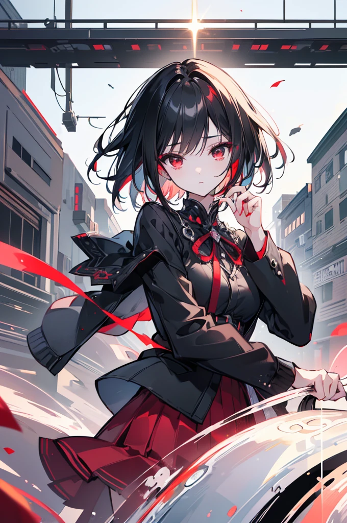 (masterpiece, highest quality, highest quality, (No text), Beautiful and aesthetic:1.2),No text,アニメ、BREAK,One Girl,Black Hair Girl adult short hair older sister Beautiful eyes Red eyes cool Scared Black and Red skirt Black jacket White clothing whole body In town