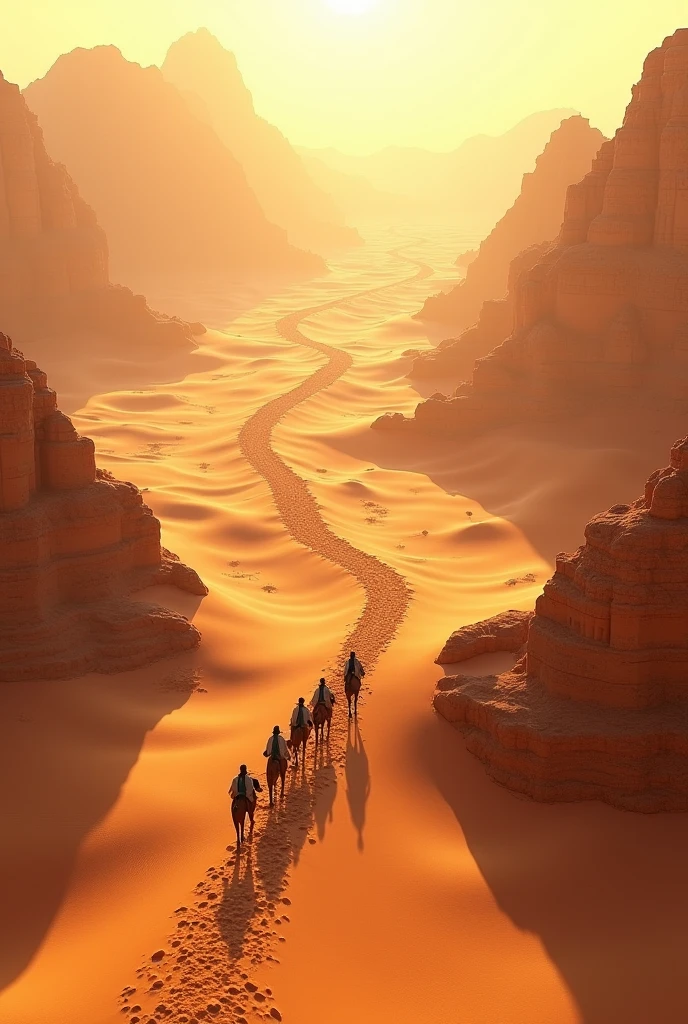 A sweeping 3D view of the Sahara Desert's vast sand dunes and oases, with camels traversing the dunes under a blazing sun