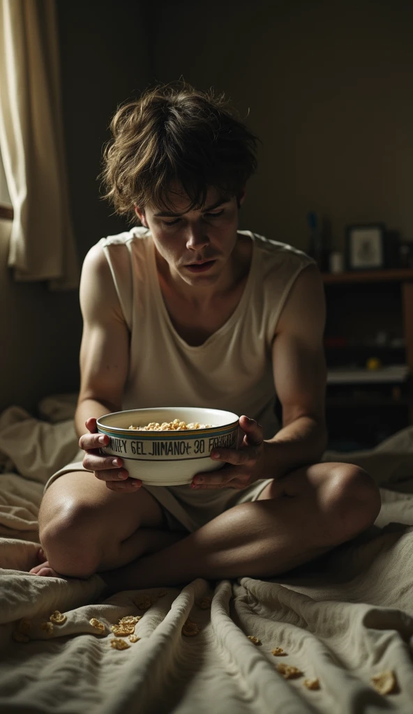 A frail young man sits on a messy bed in a cluttered, dimly lit room. He appears weak and disheveled, holding a bowl of Kellogg’s cereal with the 1907 slogan: “Kellogg’s: The Breakfast of Self-Denial Champions.” His expression is one of resignation.
Style: Cinematic, with a vintage sepia tone and high contrast to highlight the somber mood and historical setting.