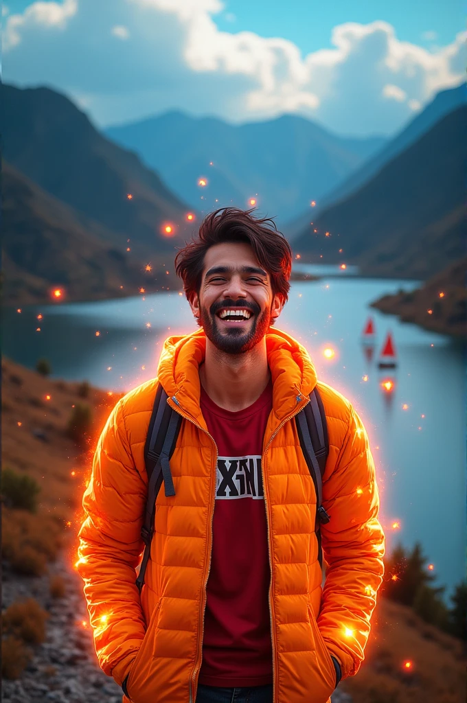 Here is a prompt for the picture:

"Create a captivating thumbnail that showcases the breathtaking beauty of Kashmir. Feature a joyful man with a glowing aura, set against a stunning backdrop of rolling hills and a serene pond with sailboats. Incorporate 3D text 'Exploring Kashmir' with a modern, bold font and a subtle glow effect, matching the overall HDR aesthetic. Ensure the entire scene is vibrant, colorful, and attention-grabbing, conveying a sense of excitement and adventure for the road trip. Add glow effects to the man and text to make the thumbnail truly unforgettable."