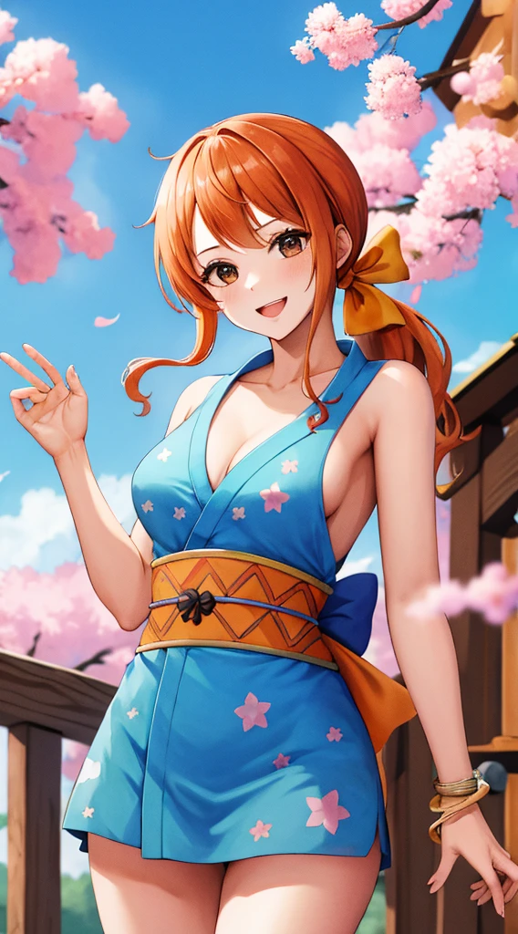 masterpiece, Highest quality, High resolution, we (one piece), Long Hair, Orange Hair, Low Ponytail, Hair Ribbon, Blue ribbon, Brown eyes, clavicle, Cleavage, Short kimono, Blue kimono, No sleeve, Bare arms, bracelet, sash, heart, Are standing, Cowboy Shot, wave hands, Outdoor, cherry blossoms, smile, Open your mouth,Short kimono丈