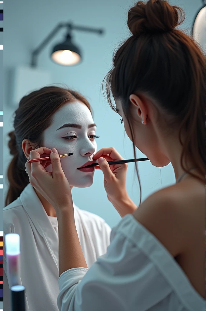  The image shows a user interface with a description field for an image. The image is described as featuring a makeup artist applying a white face paint.