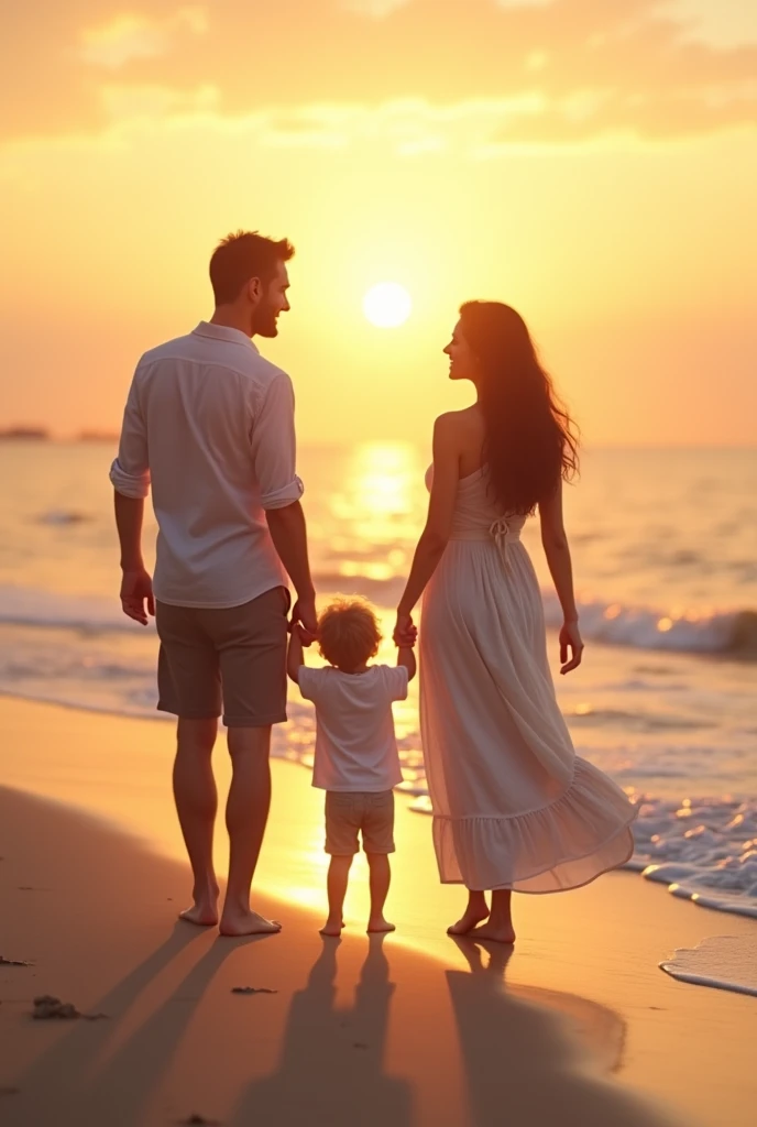Husband wife and ??? togather sunset pic in a beach.