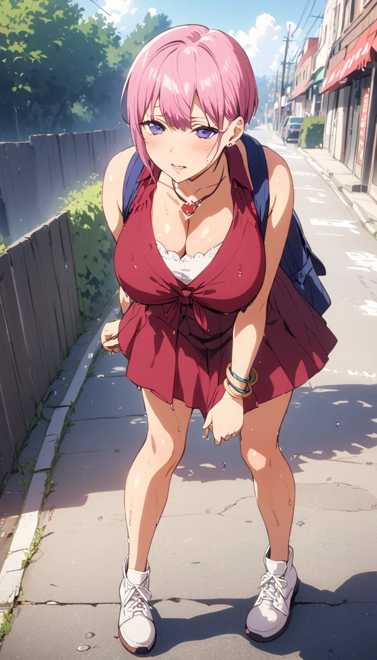 (Highest quality, 4K, 8k, High resolution, masterpiece:1.2), Very detailed, Picturesque, Animated Photography, Photo Animation:1.37)、after the rain、Japanese girl、(Pink Hair)、(Pixie Cut)、sleevelessonepiece、cleavage cutout、wet hair、Earrings、necklace、bracelet、Carry a backpack、white mule、Nakano Ichika、Full body photography
