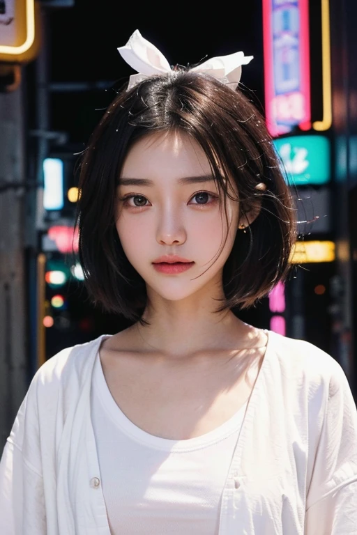 (2 Japanese girl,), (Small breasts:1.5,),(solo,Textured skin, Detailed skin,Detailed face,Detailed eyes,detailed posing,Natural eyebrows,Perfect limbs,High detail, Highest quality, Super detailed, Surrealism, ,8k,RAW Photos,Photographicism,Professional Lighting,Portrait Photography,),((Black Hair, Dark Eyes,Natural Makeup,Simple earrings,Bob Hair,ribbon,happiness/joy)),(((Wear a jacket over a white T-shirt,Neon Light,Kabukicho at night)))