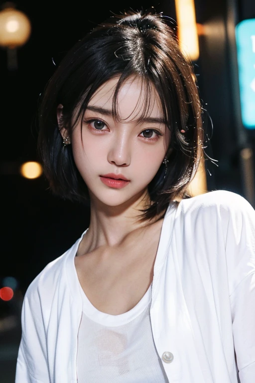 (2 Japanese girl,), (Small breasts:1.5,),(solo,Textured skin, Detailed skin,Detailed face,Detailed eyes,detailed posing,Natural eyebrows,Perfect limbs,High detail, Highest quality, Super detailed, Surrealism, ,8k,RAW Photos,Photographicism,Professional Lighting,Portrait Photography,),((Black Hair, Dark Eyes,Natural Makeup,Simple earrings,Bob Hair,ribbon,happiness/joy)),(((Wear a jacket over a white T-shirt,Neon Light,Kabukicho at night)))
