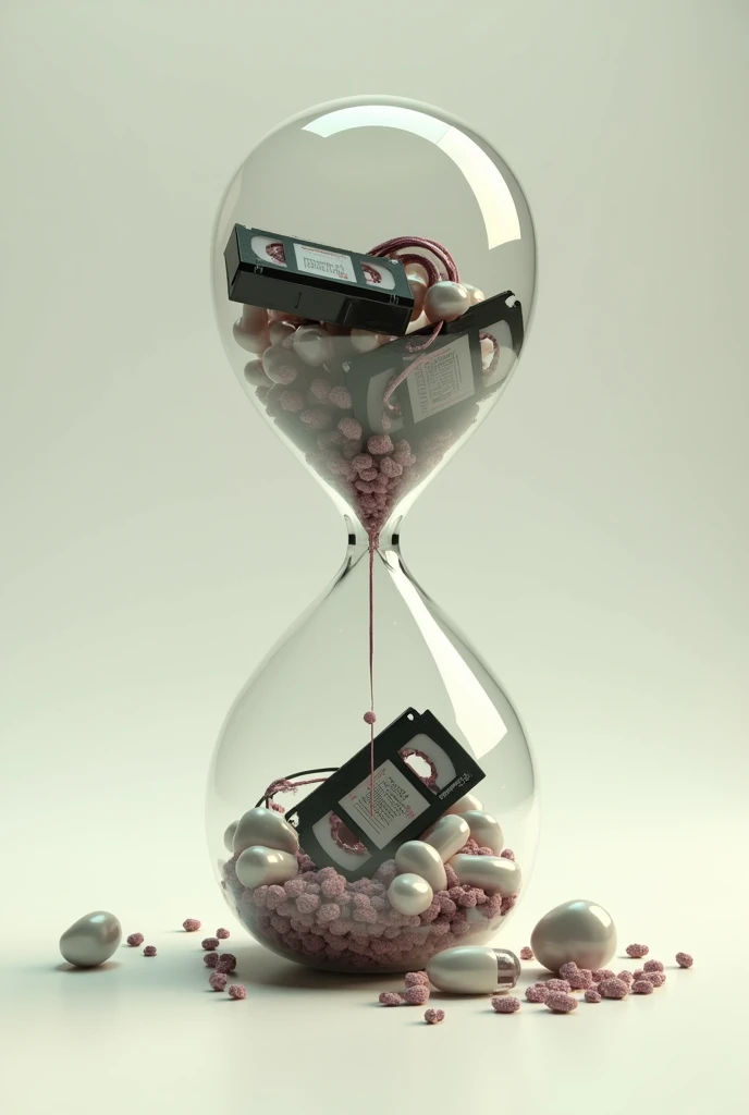create an empty hourglass, but inside the hourglass there are movie tapes flowing inside the hourglass. the outside of the hourglass should be like a medicine capsule.