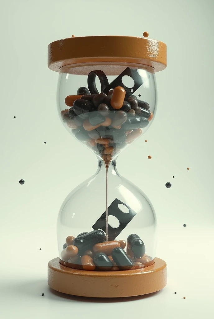 create an empty hourglass, but inside the hourglass there are movie tapes flowing inside the hourglass. the outside of the hourglass should be like a medicine capsule.