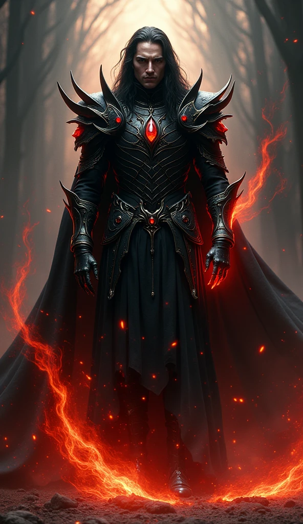 Full body portrait, 16K ultra-high resolution, dark gothic aesthetic, dramatic chiaroscuro lighting, imposing stance, masculine features, long black hair cascading down back, wearing black gothic armor with blood-red jewels, surrounded by swirling light ("Luminous Order" ability), fiery wolf aura enveloping the body ("Blaze Fang" ability), extremely detailed armor decorations and jewel facets, intricate patterns in the swirling light, individual hairs in the fiery wolf's fur, stark contrast between light and shadow, full-length view from head to toe, including visible feet and toes to ensure complete full body depiction