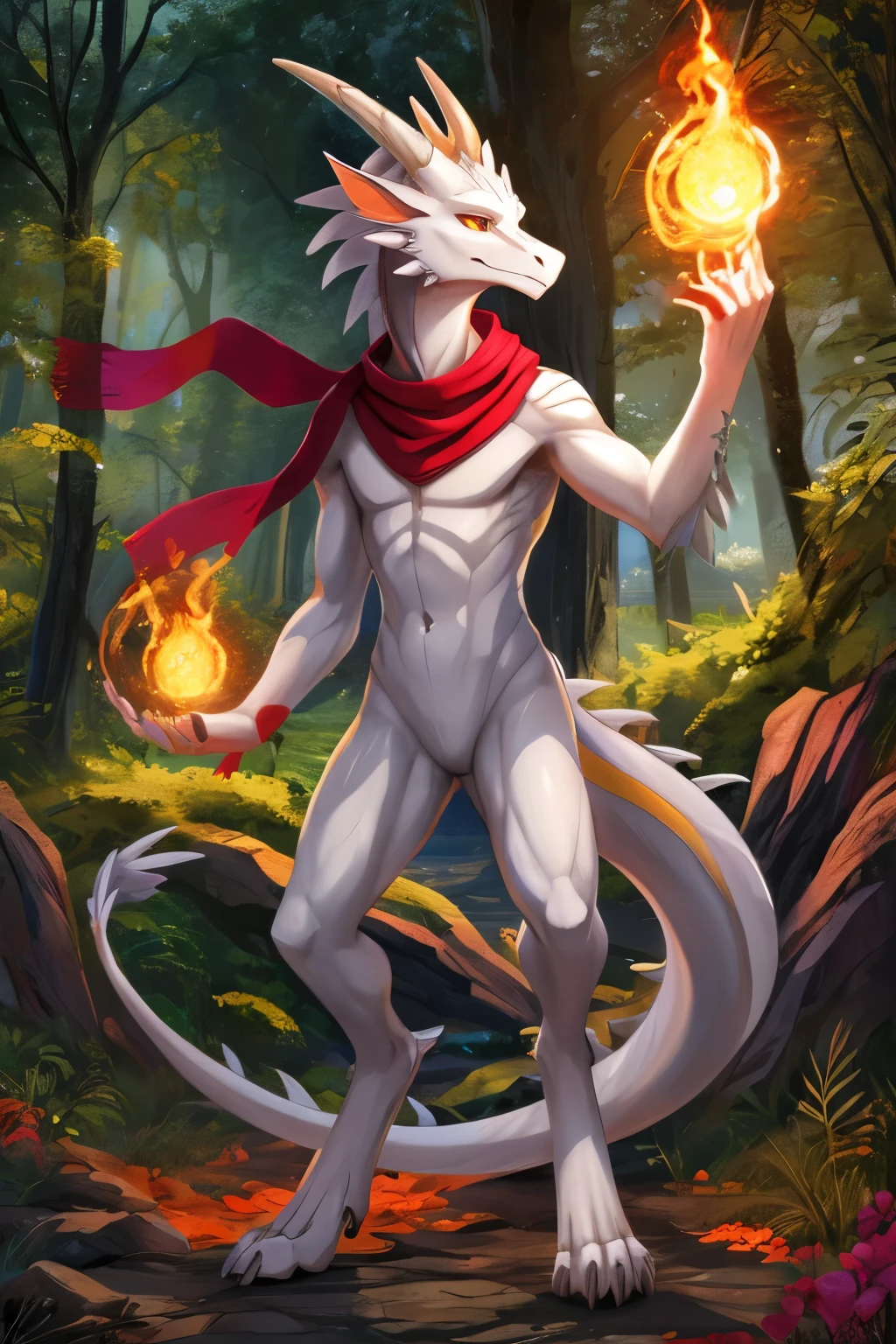 (anime), (front facing), (looking at the camera), slim furry white and gray dragon using old magic, white main body color, (red, orange, yellow and magenta undertones), smooth skin, very long muzzle, neck and tail fur, digitigrade, creative horns, feathers, gradients, (wearing only a scarf), nature background, full body