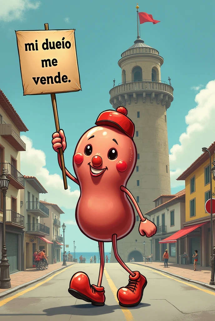 Humorous drawing of a kidney shaped doll walking on the street. The kidney has very thin legs, red clown style shoes, red cap and a sign between his raised hands with the text “Mi dueño me vende”. In the background you can see the Tower of Hercules in La Coruña.