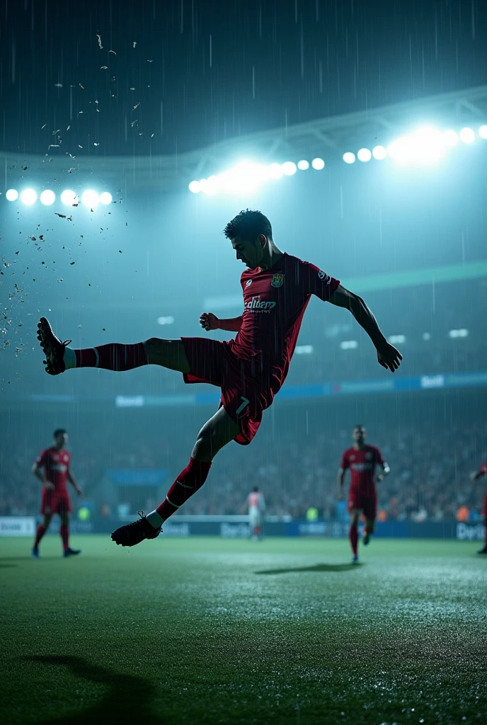 Cristiano Ronaldo scoring a bicycle kick in the rain with lights and LEDs, at night ((real-life)) ((lights)) ((grams of leaves))