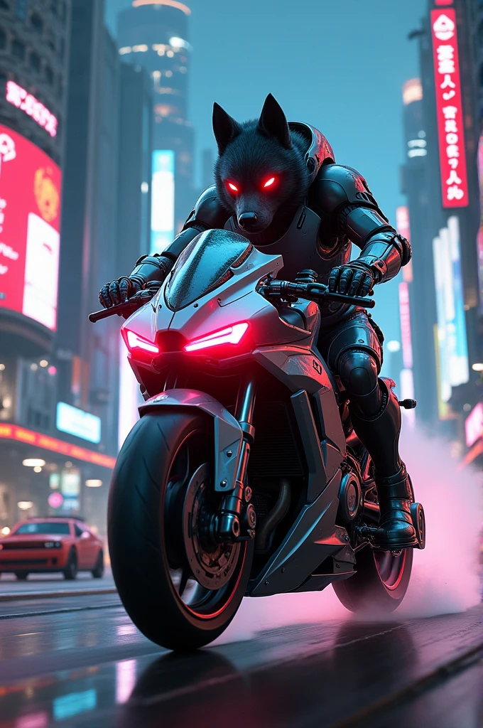 Grew wolf cyborg ride in bike night background modern city