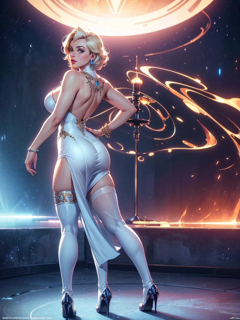 A beautiful, busty Marilyn Monroe wearing a white and gold silk sci-fi dress, garter stockings, and high heel boots, (best quality,4k,8k,highres,masterpiece:1.2),ultra-detailed,(realistic,photorealistic,photo-realistic:1.37),HDR,UHD,studio lighting,ultra-fine painting,sharp focus,physically-based rendering,extreme detail description,professional,vivid colors,bokeh,science fiction,conceptart,detailed face,detailed eyes,beautiful eyelashes,full lips,jewelry,intricate details,dramatic lighting,cinematic composition full body view from behind