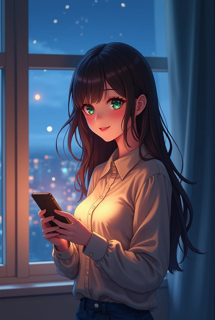 anime girl,university student,Big breasts,Smile,Long brown hair,Green eyes,Have a mobile phone to send messages,Beautiful works of art,Anime style 4K,Art wallpaper 4k,Girls Dormitory,night,looking at mobile phone