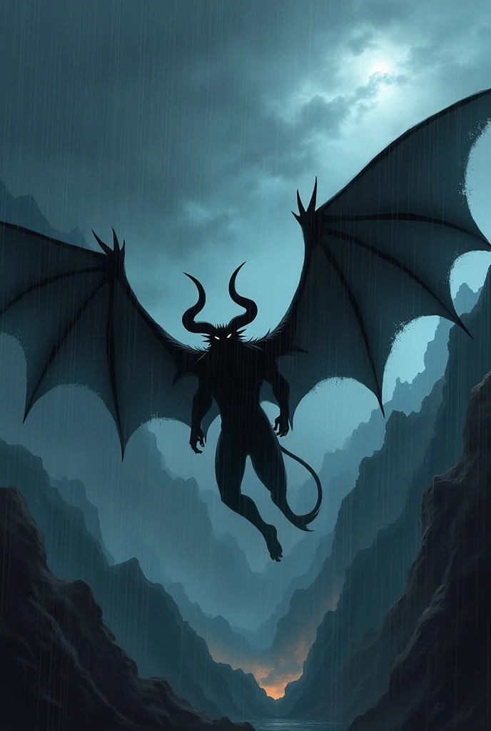 A black colour devil flying in the sky beside the mountain at dark night in the rainy season with his wing