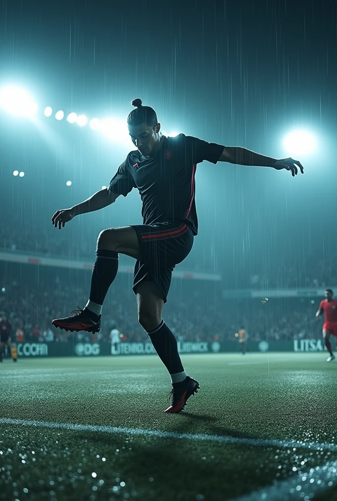 Cristiano Ronaldo scoring a bicycle kick in the rain with lights and LEDs, at night ((real-life)) ((lights)) ((grams of leaves))
