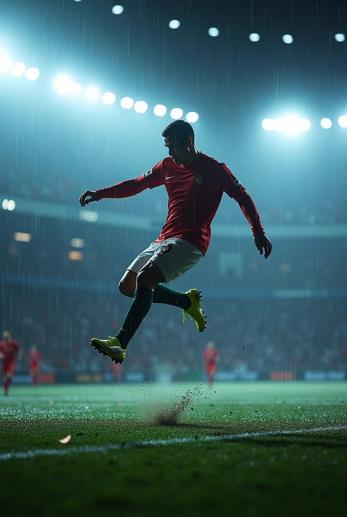 Cristiano Ronaldo scoring a bicycle kick in the rain with lights and LEDs, at night ((real-life)) ((lights)) ((grams of leaves))