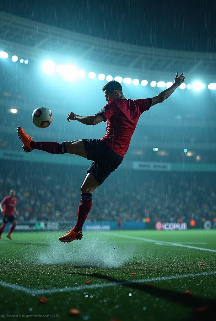 Cristiano Ronaldo scoring a bicycle kick in the rain with lights and LEDs, at night ((real-life)) ((lights)) ((grams of leaves))
