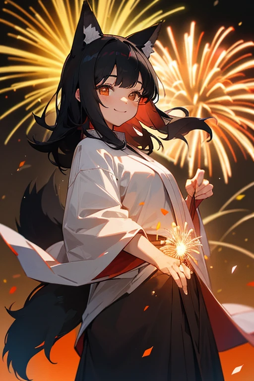 woman Five fingers Smiling with black hair Has wolf ears and a wolf tail Wearing a floral yukata Fireworks are going off