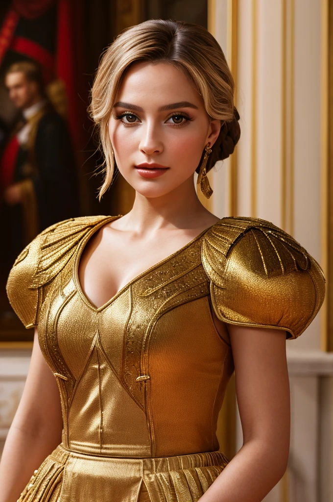 award-winning professional and realistic photo of future Empress of Europe, supreme beauty, genetic perfection, EU propaganda, EU iconography, incredibly gorgeous outfit, detailed textures, sharp focus, ultra-high pixel detail, 16k RAW footage, masterpiece